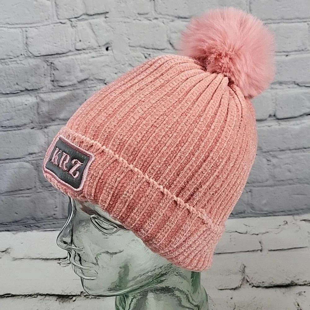 KMZ Beanie Hat Womens Blush Pink Chenille Knit Faux Fur Lined PomPom Ski Cap